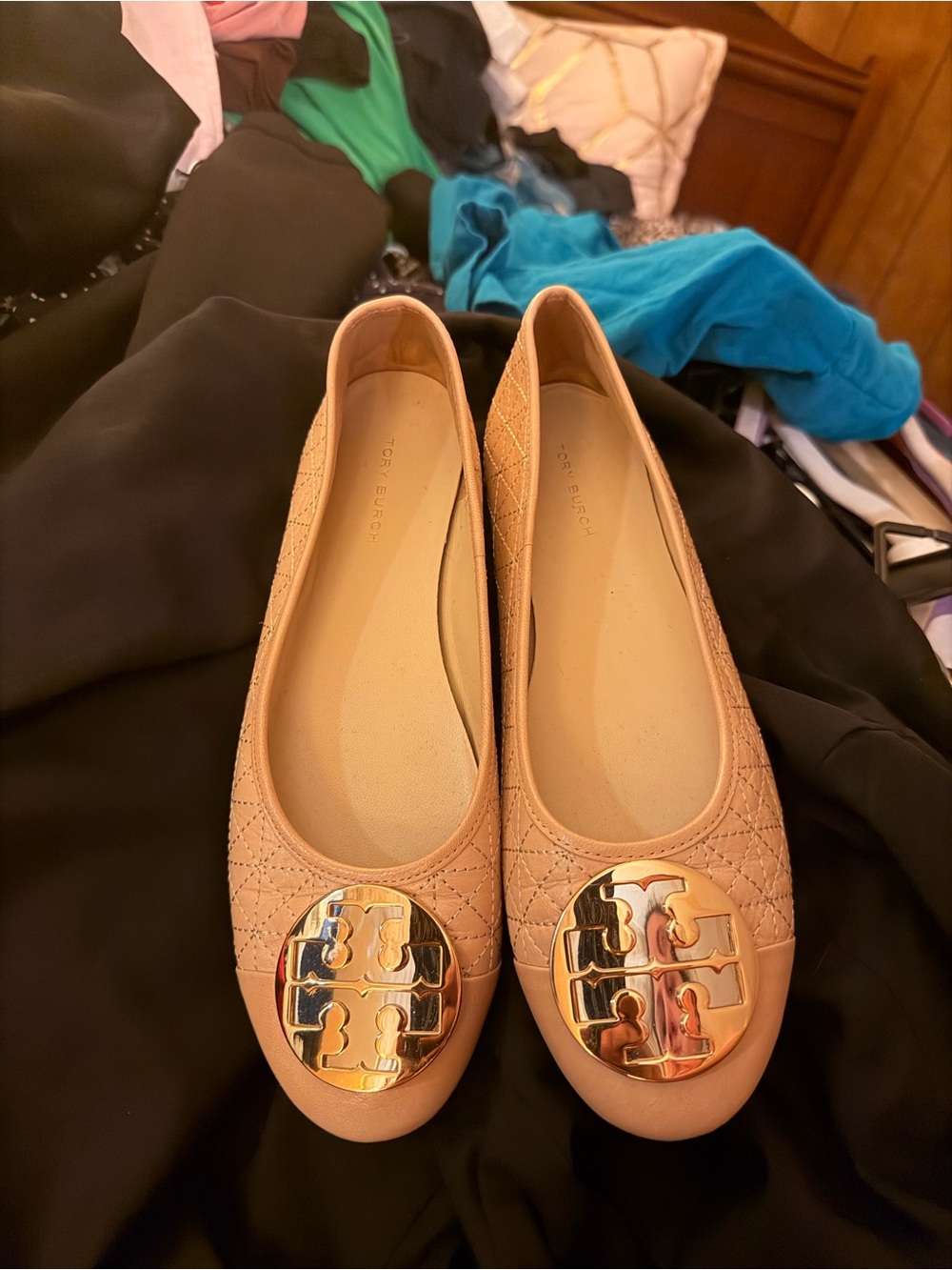 Tory Burch Quilted Blush Nude Reva Ballet Flats with 2 Toned Silver/ Gold Logo